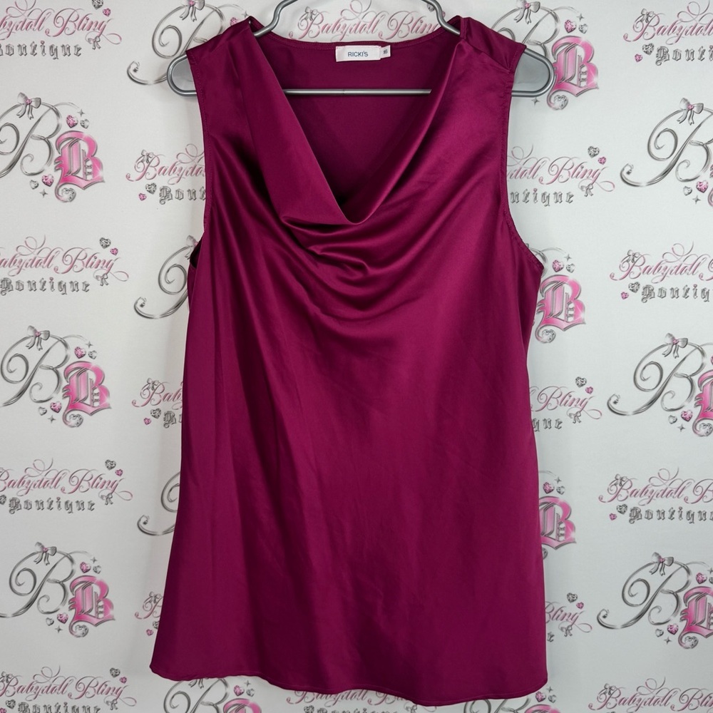 Ricki’s top tank shirt swoop neck shiny Rich Berry Sleeveless Drape Blouse